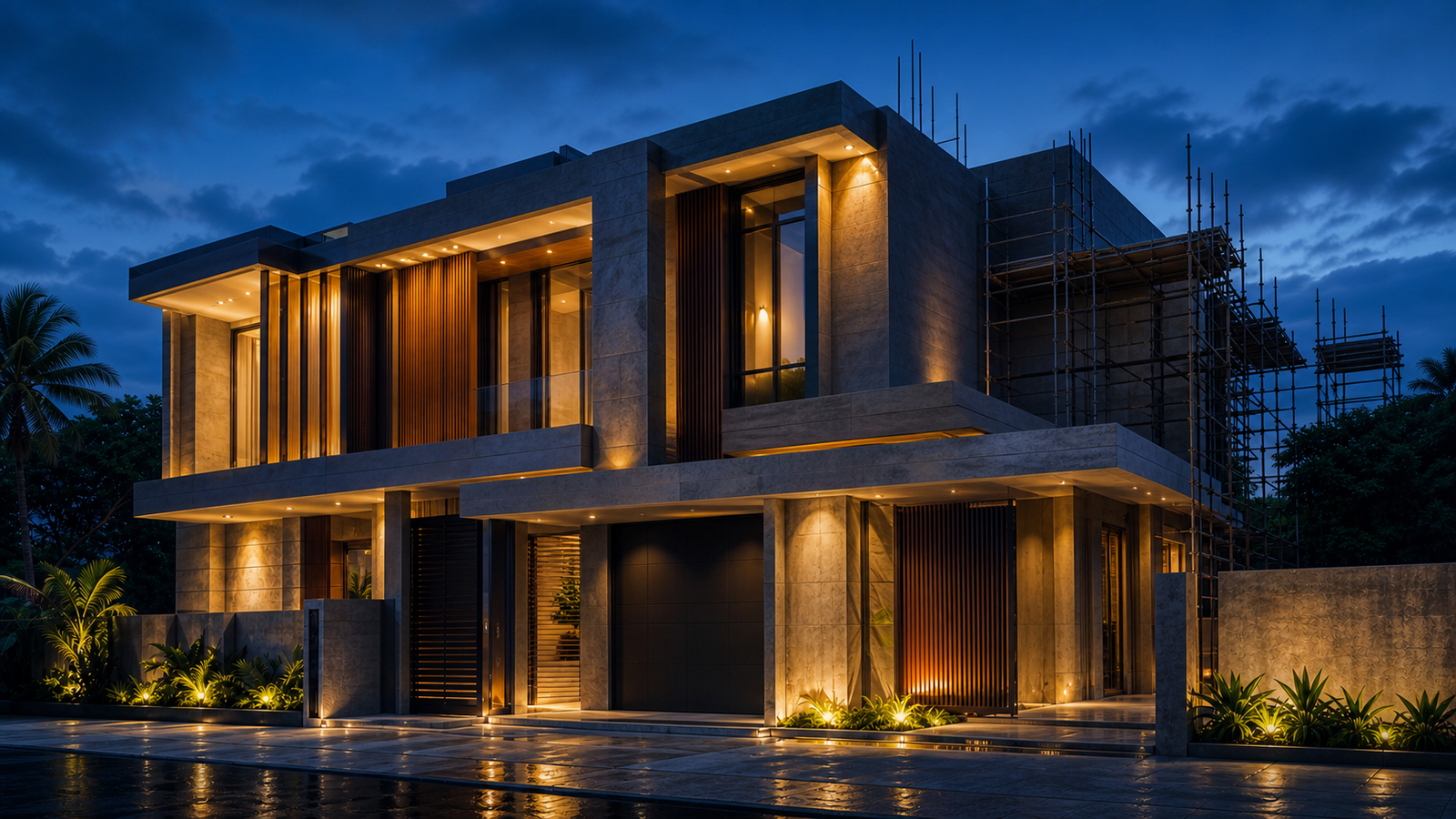 Contemporary Vasantham building project at blue hour